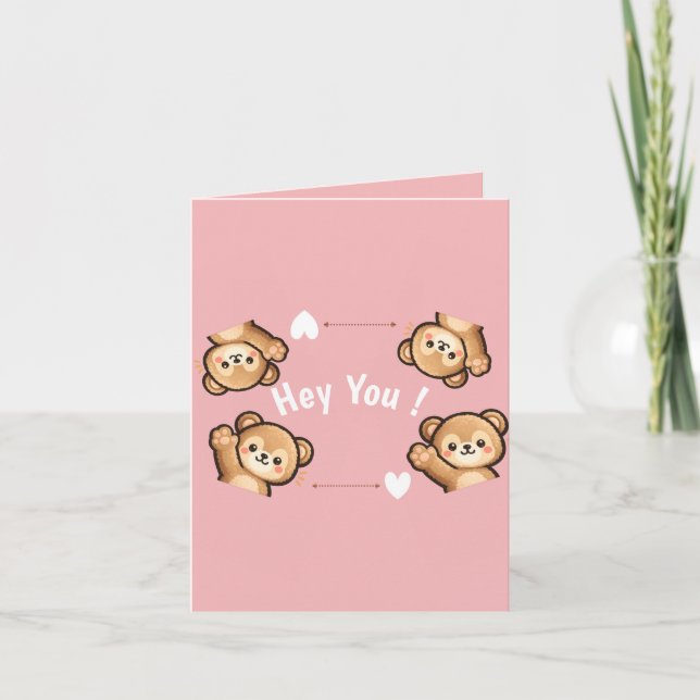 Cute Teddy Bear Folded Invitation – Hey You Pink  (Devant)