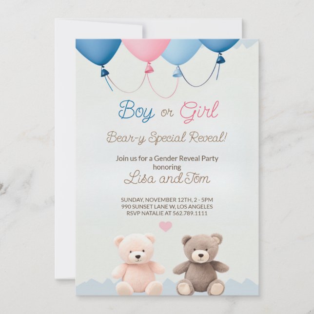 Cute Teddy Bear Genre Reveal Party Invitation (Devant)