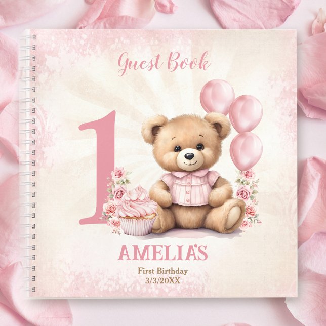 Cute Teddy Bear Girl Anniversaire rose livre d'inv (Cute Teddy Bear Girl Birthday Pink Guest Book)