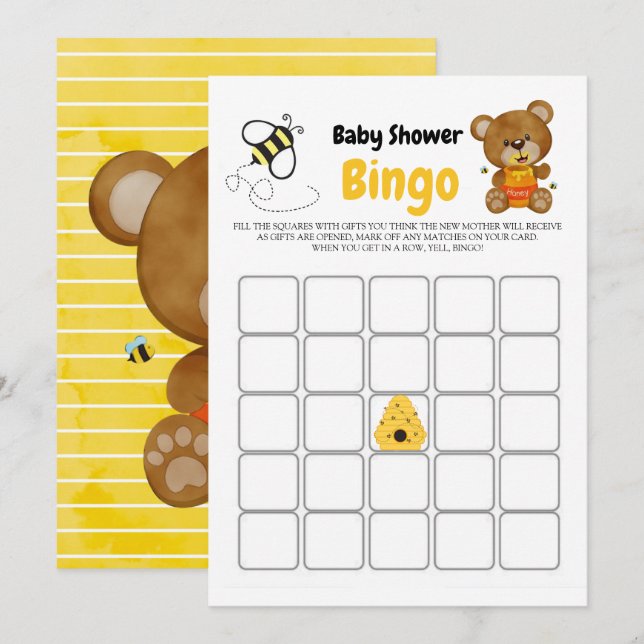 Cute Teddy Bear Honey Bumblebee Baby shower Bingo (Devant / Derrière)