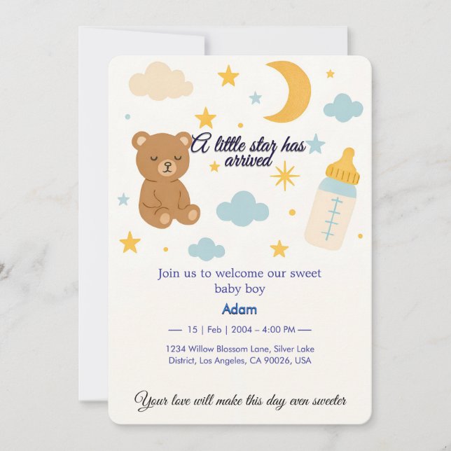 Cute Teddy Bear & Moon Baby Boy Arrivée Invitation (Devant)