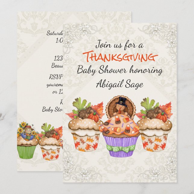 Cute Thanksgiving Cupcakes Baby shower Invitation (Devant / Derrière)