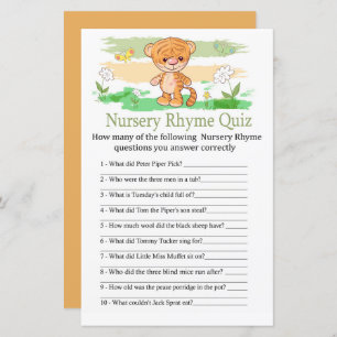 Cute Tiger Nursery Rhyme Quiz jeu de baby shower
