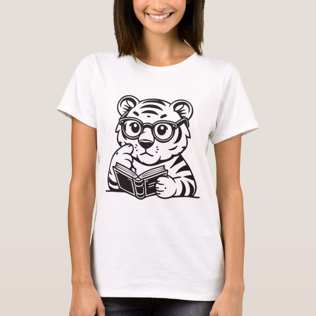 Cute Tiger Reading a Book T-Shirt – Adorable Book  (Devant)