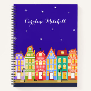 Cute Town Black Cat Cartoon Maisons Carnet Spiral