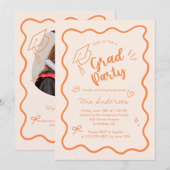 Cute Trendy Pink Wavy Border Graduation Invitation (Devant / Derrière)