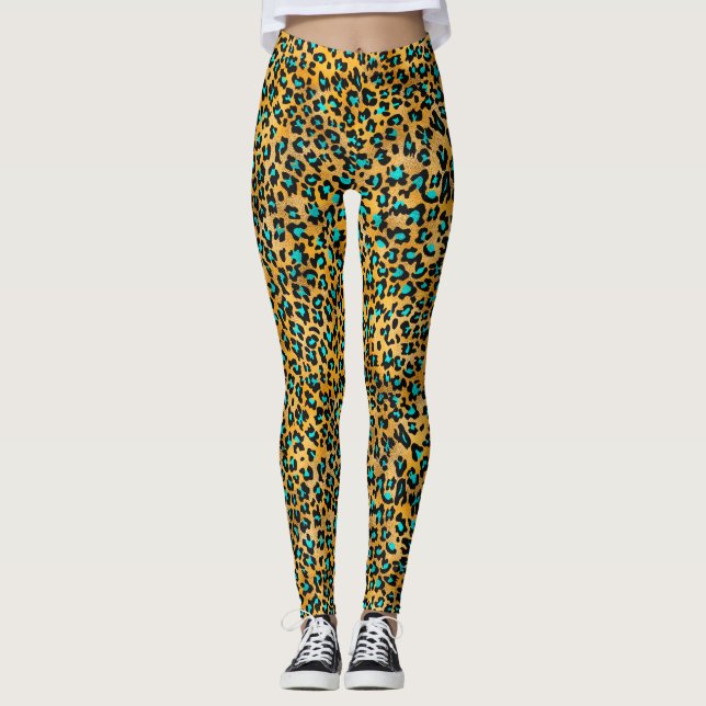 Cute Turquoise/Gold Leggings Empreintes de léopard (Devant)