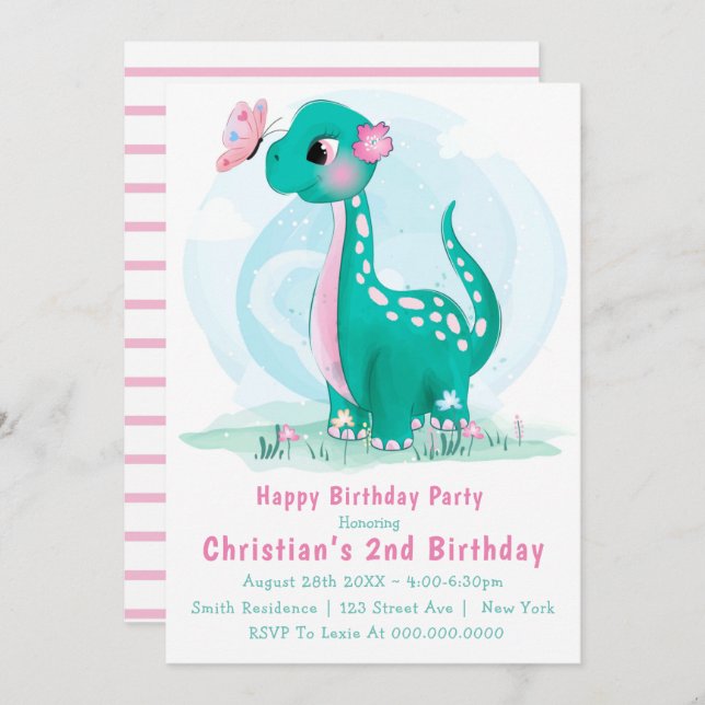 Cute Turquoise Pink Dinosaur 2e anniversaire Invit (Devant / Derrière)