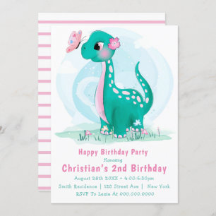 Cute Turquoise Pink Dinosaur 2e anniversaire Invit