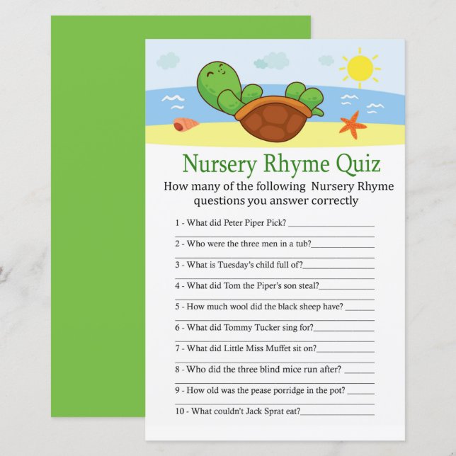 Cute Turtle Nursery Rhyme Quiz jeu de baby shower (Devant / Derrière)
