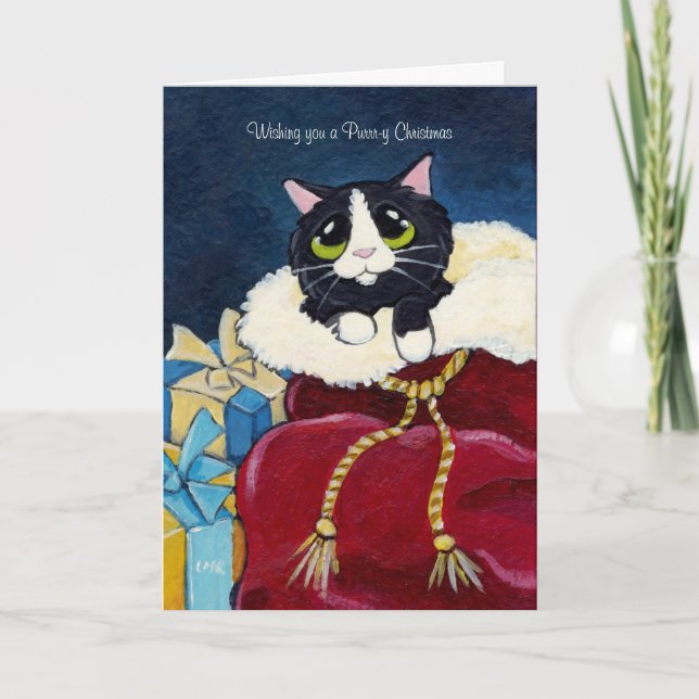 Cute Tuxedo Chat en Père Noël Sack Carte de Noël (Devant)