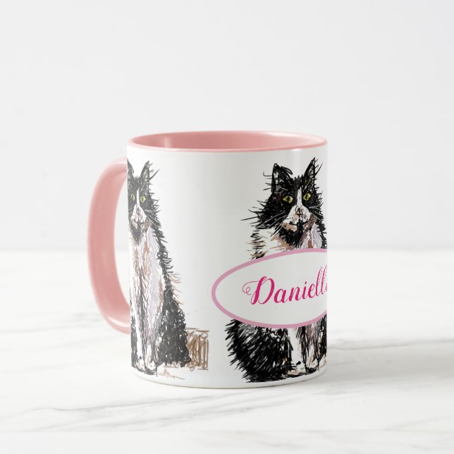 Cute Tuxedo Chat noir blanc dessin art Chats Mug (Devant gauche)