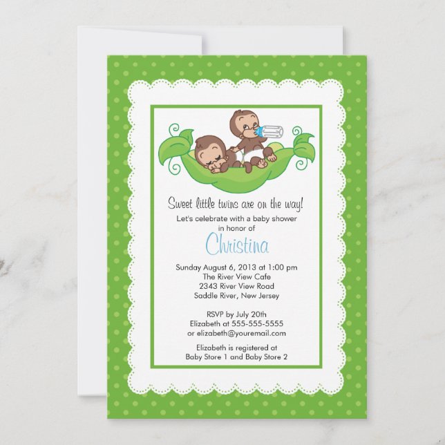 Cute Twin Monkeys Pea Pod Baby Show Invitations (Devant)