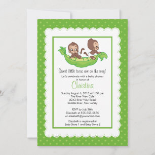 Cute Twin Monkeys Pea Pod Baby Show Invitations