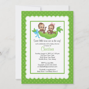 Cute Twin Monkeys Pea Pod Baby Show Invitations