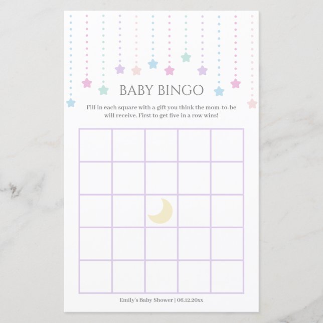 Cute Twinkle Little Stars Baby shower Bingo Jeu (Devant)
