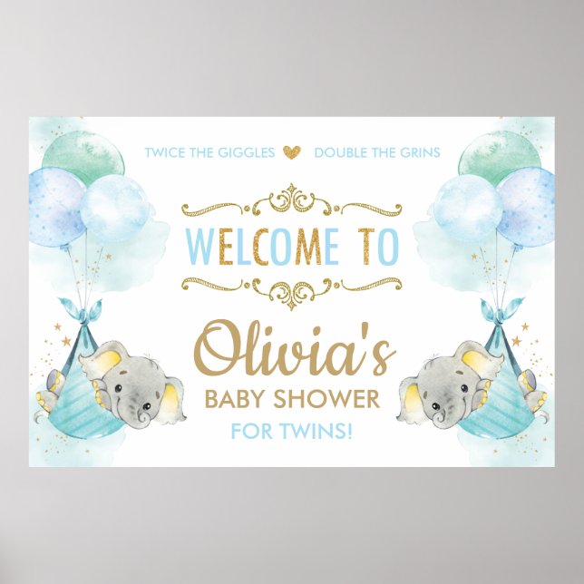 Cute Twins Boys Elephants Baby shower Affiche de b (Devant)