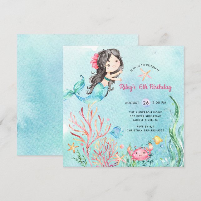 Cute Under the Sea Mermaid Invitation d'anniversai (Devant / Derrière)
