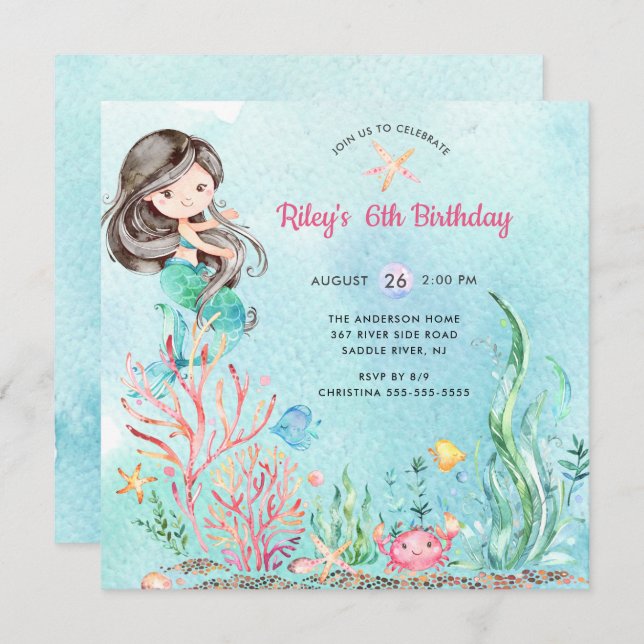 Cute Under the Sea Mermaid Invitation d'anniversai (Devant / Derrière)