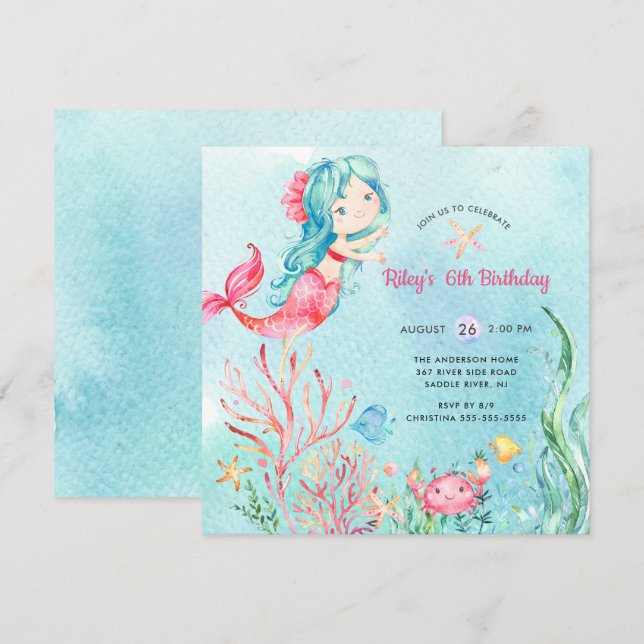Cute Under the Sea Mermaid Invitation d'anniversai (Devant / Derrière)