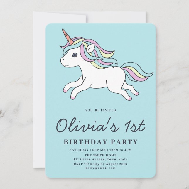 Cute Unicorn 1er Anniversaire Fête Invitation (Devant)