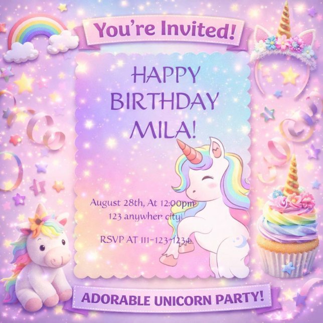 CUTE UNICORN ANNIVERSAIRE INVITATION (Créateur téléchargé)