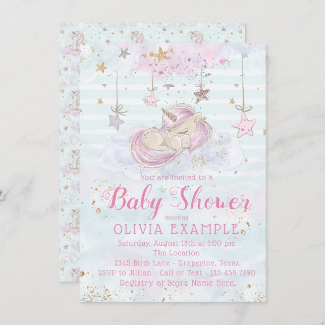 Cute Unicorn Baby Shower Invitations (Devant / Derrière)