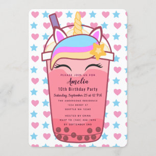 Cute Unicorn Boba Tea Invitation Anniversaire