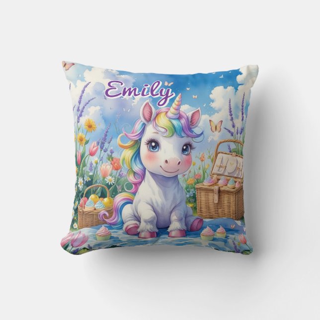 Cute Unicorn Coussin de pique-nique - Nom modifiab (Recto)