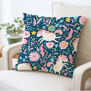 Cute Unicorn Coussin floral, animal lunaire