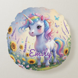 Cute Unicorn dans le Jardin Flower Coussin rond
