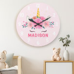 Cute Unicorn Eyelashes Girls Bedroom Wall Horloge<br><div class="desc">Cute Unicorn Eyelashes Girls Bedroom Wall Horloge. Ce design présente une belle licorne entourée d'étoiles dorées et de fleurs florales. Horloge murale Pastel rose imaginaire magique pour les filles. Personnalisez ce design personnalisé avec votre propre nom ou texte.</div>
