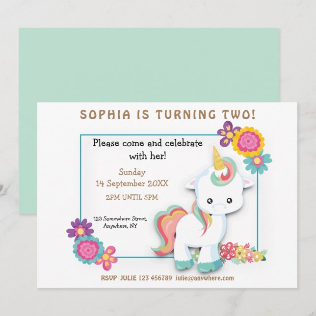 Cute Unicorn Floral Girl 2e Invitation anniversair (Devant / Derrière)