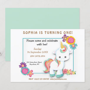 Cute Unicorn Floral Girl First Birthday Invitation