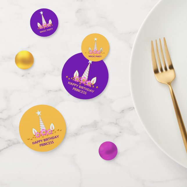 Cute Unicorn & Gold Confetti sur Purple & Saffron (Groupe)