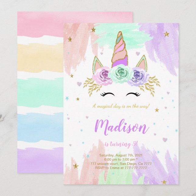 Cute Unicorn Invitation Anniversaire (Devant / Derrière)
