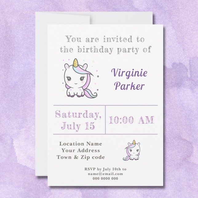 Cute Unicorn Invitation Anniversaire (Cute Unicorn Birthday Invitation - back)