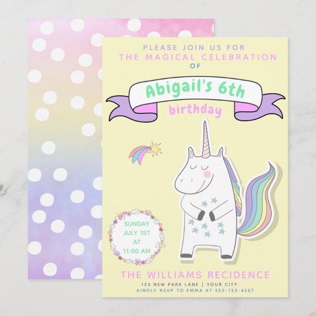 Cute Unicorn | Invitation de fête d'anniversaire p (Devant / Derrière)