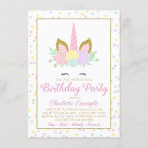 Cute Unicorn Invitations de fête d'anniversaire