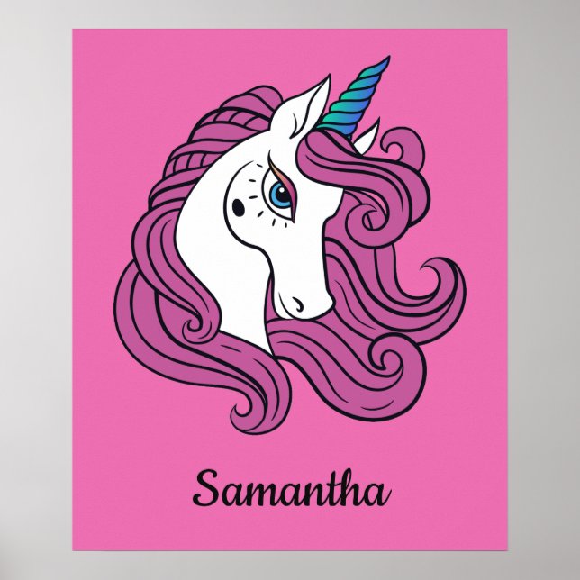 Cute Unicorn nom personnalisé & affiche couleur (Devant)
