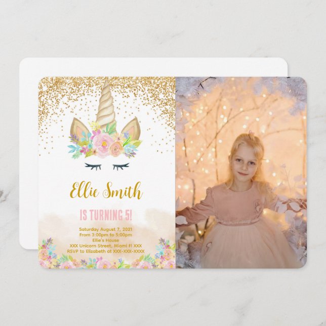 Cute Unicorn Photo Invitation (Devant / Derrière)
