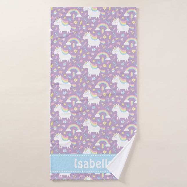 Cute Unicorn Rainbow Girls Purple Personnalisé (Serviette de bain)