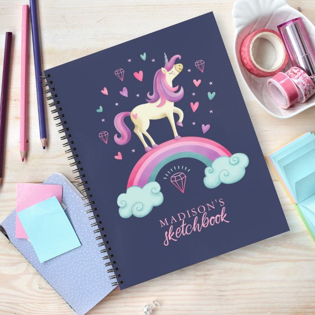 Cute Unicorn Rainbow Sketchbook Carnet (A cute magical unicorn Sketchbook. Personalize it with your name.)