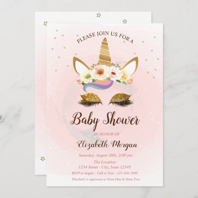 Cute Unicorn, Stars Baby shower Invitation (Devant / Derrière)