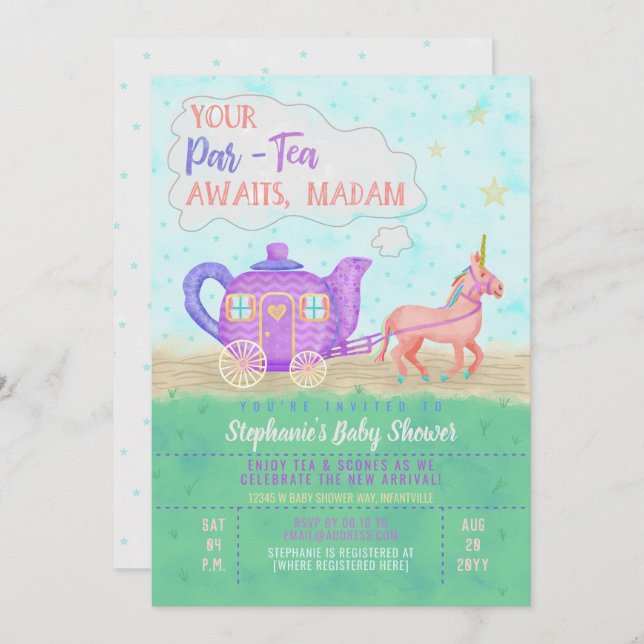 Cute Unicorn Tea Party Baby shower Invitation (Devant / Derrière)