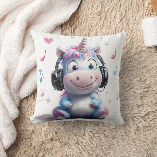 Cute Unicorne avec écouteurs Lancer oreiller (Couverture)