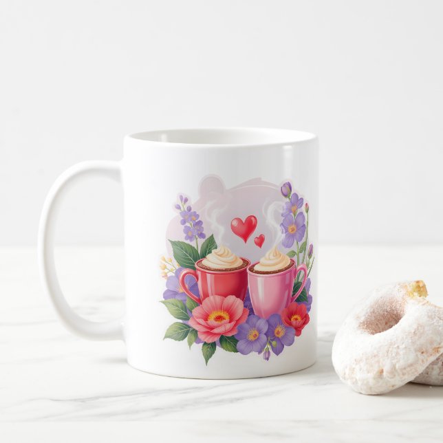 Cute Valentine Cocoa Mugs with Flowers & Hearts (Avec donut)