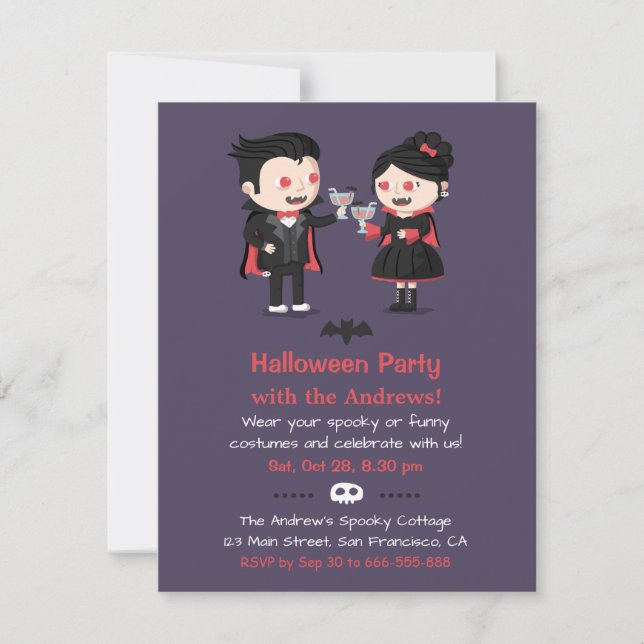 Cute Vampire Couple Halloween Invitations de fête (Devant)
