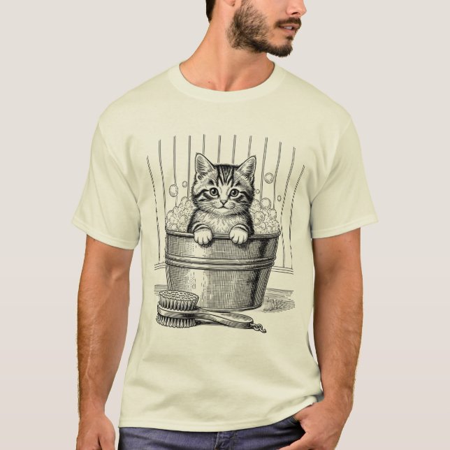 Cute Vintage Bathing Kitten  – Hand T-Shirt (Devant)