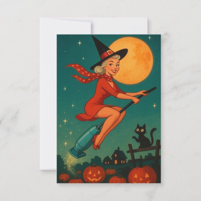Cute Vintage Halloween Witch On Broom (Devant)
